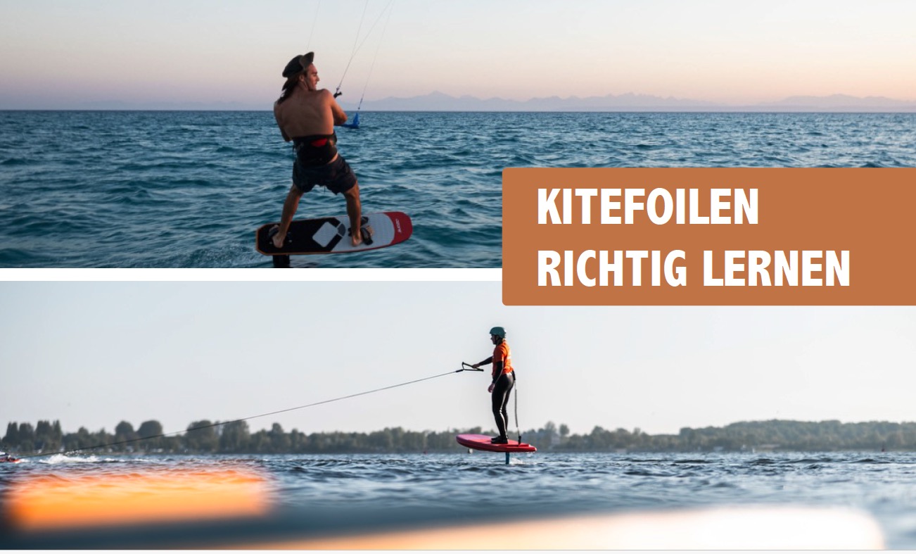 Zweiteiliges Bild mit Kitefoiler auf dem Meer und Foiltraining per Zugleine – Einstieg ins Kitefoilen bei Wingfoil Fehmarn