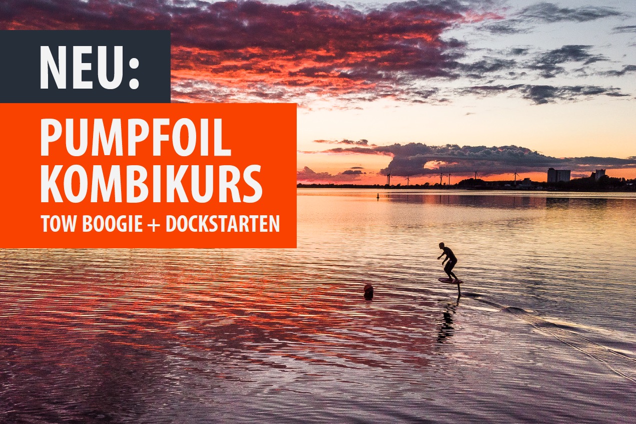 Pumpfoil Kombikurs bei Sonnenuntergang – Teilnehmer auf Foilboard mit Tow Boogie beim Training auf der Ostsee